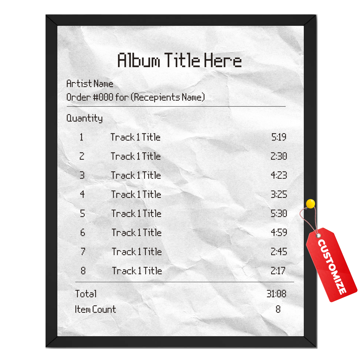 Personalized album tracklist print with custom album title, artist name, recipient name and song list