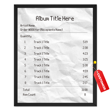 Personalized album tracklist print with custom album title, artist name, recipient name and song list