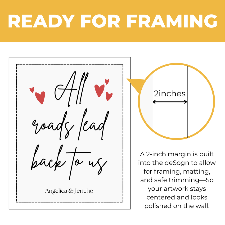 Personalized All Roads Lead Back to Us print showing approximately 2-inch built-in margin for framing and matting