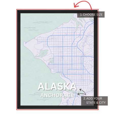 Map of Anchorage, Alaska with a frame and text options on a white background