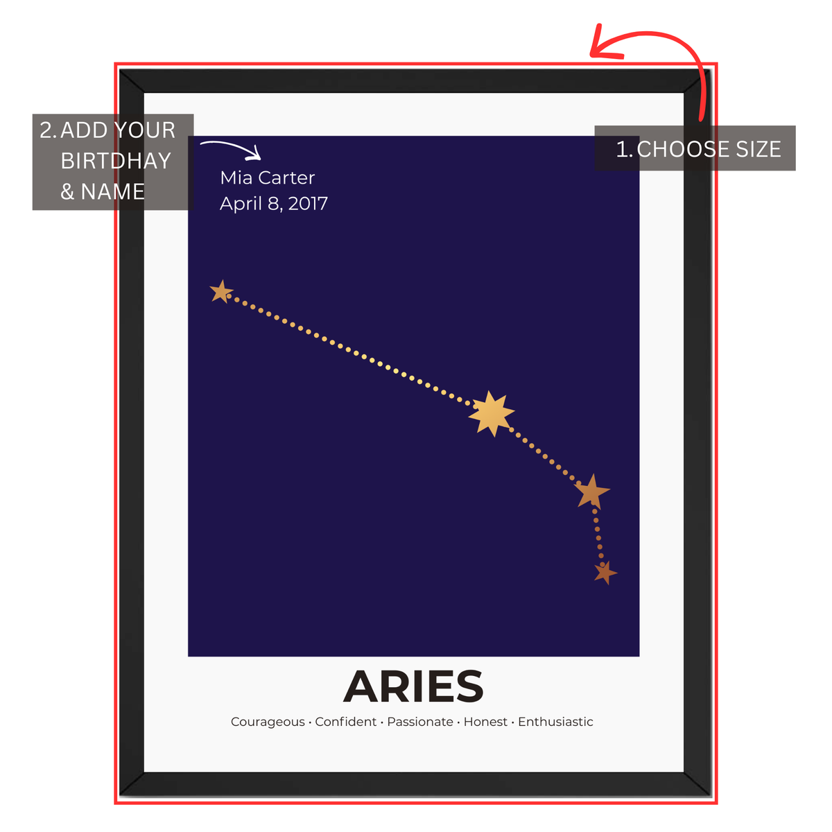Aries constellation print personalization guide showing custom name and birth date