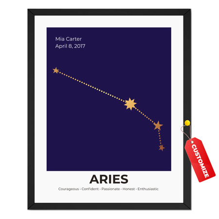 Personalized Aries constellation print with custom name, birth date and celestial zodiac artwork