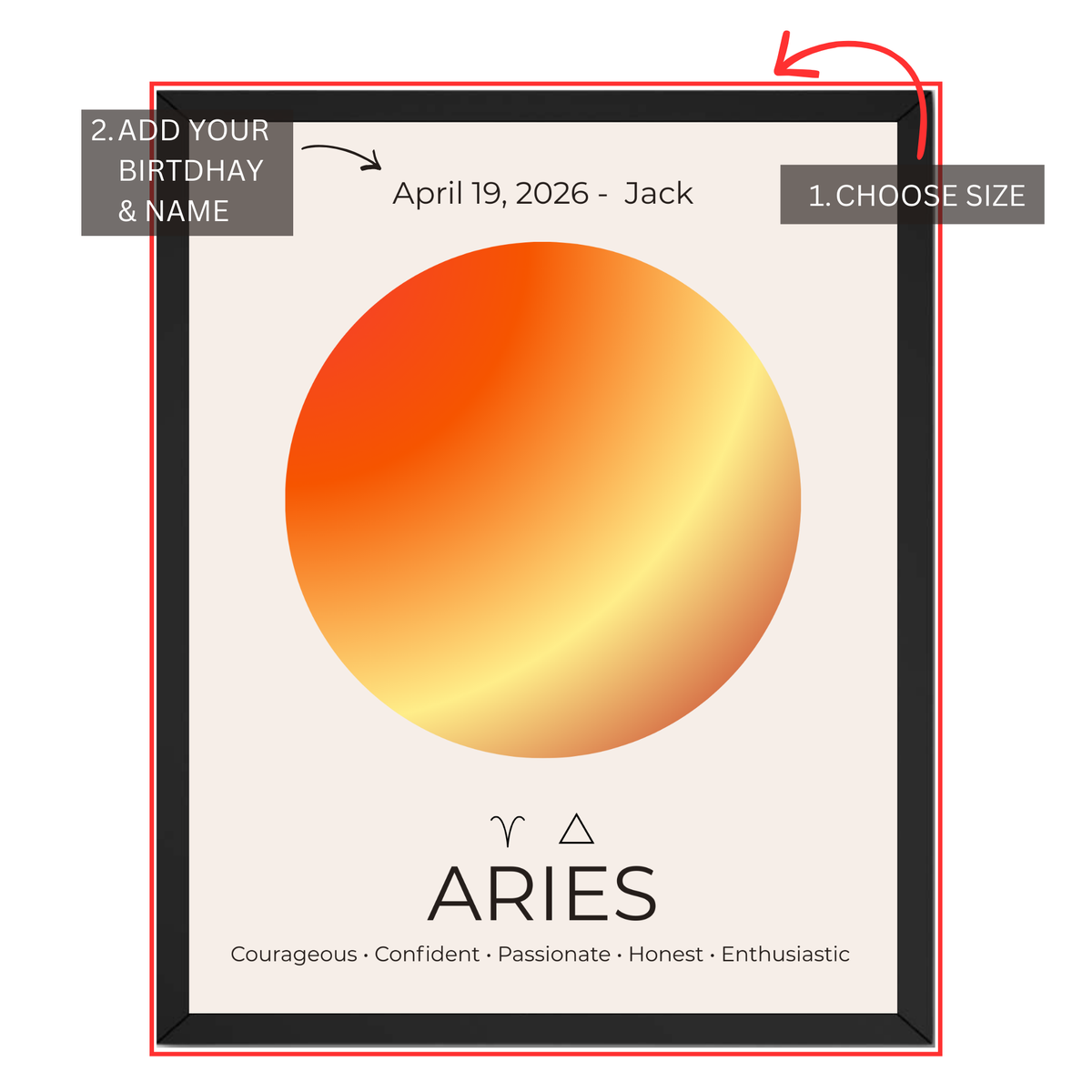 Aries zodiac print personalization guide showing custom name, birthday and size selection
