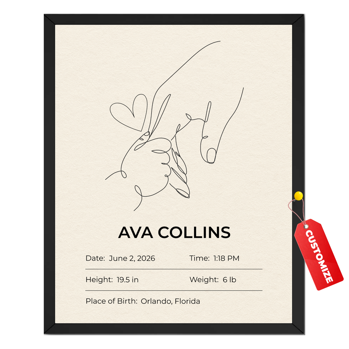 Personalized baby birth details line art print with baby name, birth date, time, height, weight and place of birth