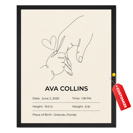 Personalized baby birth details line art print with baby name, birth date, time, height, weight and place of birth