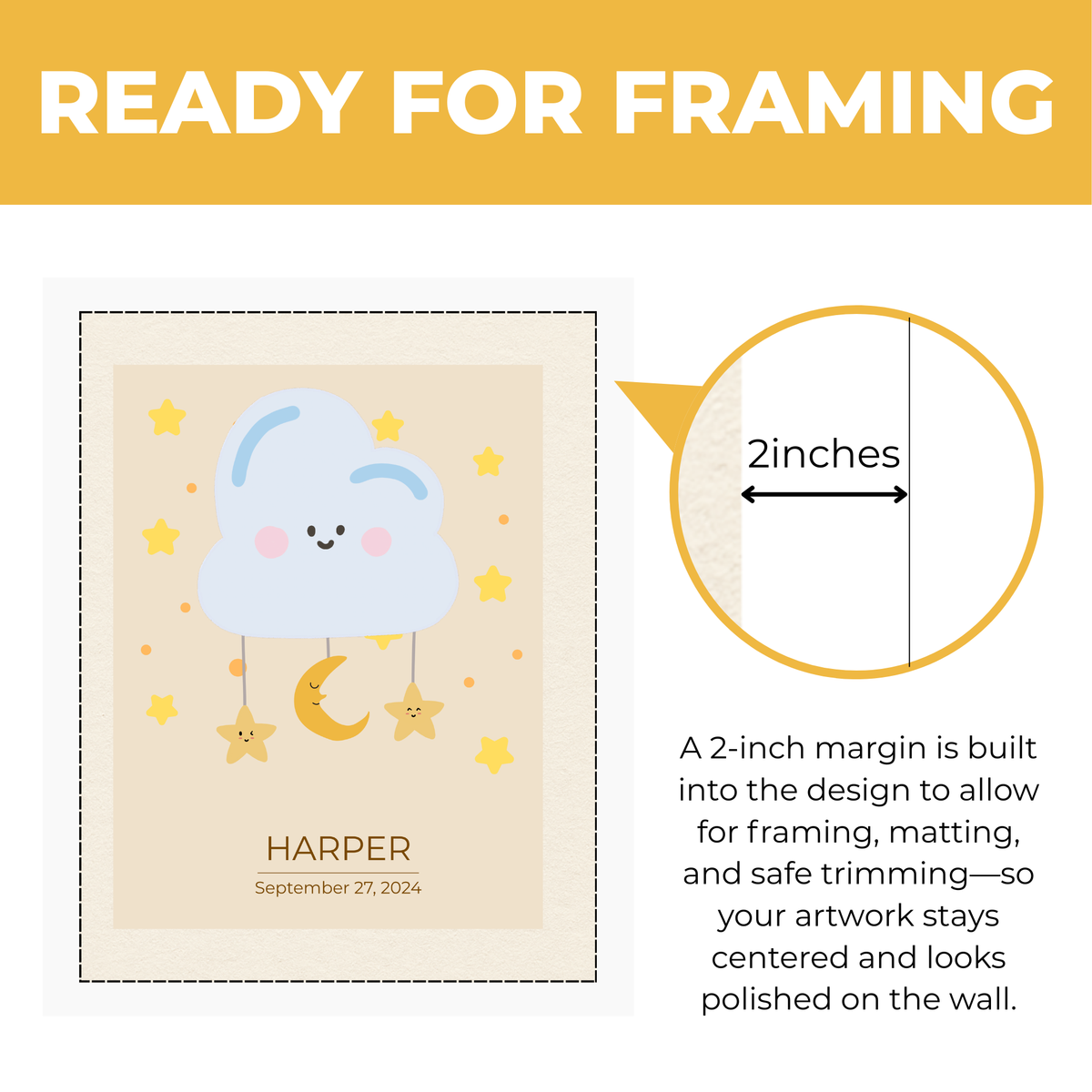 Personalized baby cloud and star nursery print showing approximately 2-inch built-in margin for framing and matting