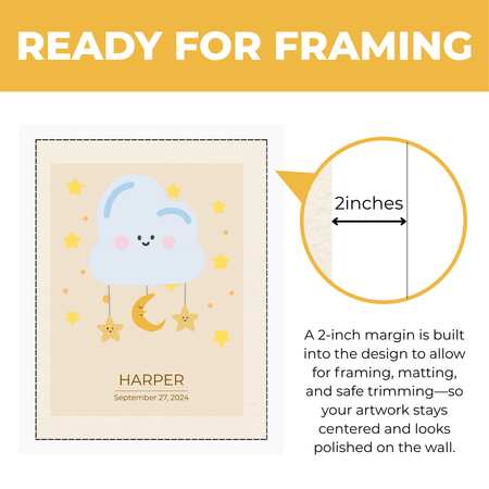 Personalized baby cloud and star nursery print showing approximately 2-inch built-in margin for framing and matting