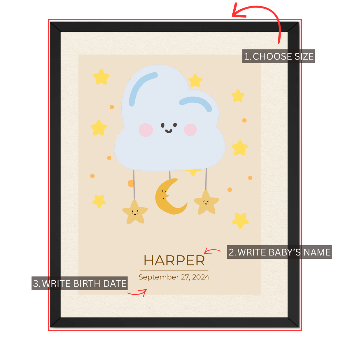 Personalized baby cloud and star nursery print guide showing where to choose size, add baby's name and birth date