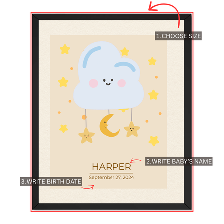 Personalized baby cloud and star nursery print guide showing where to choose size, add baby's name and birth date