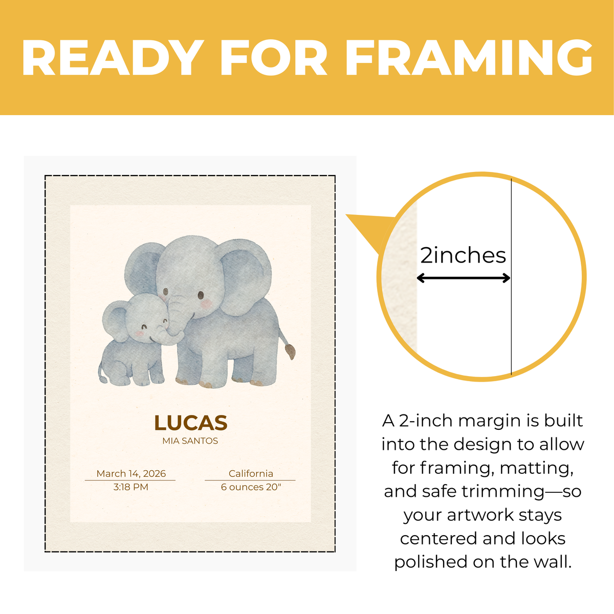 Personalized baby elephant birth stats print showing approximately 2-inch built-in margin for framing and matting