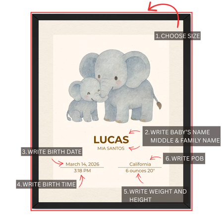 Personalized baby elephant birth stats print guide showing where to add baby name, birth date, time, birthplace, weight and height