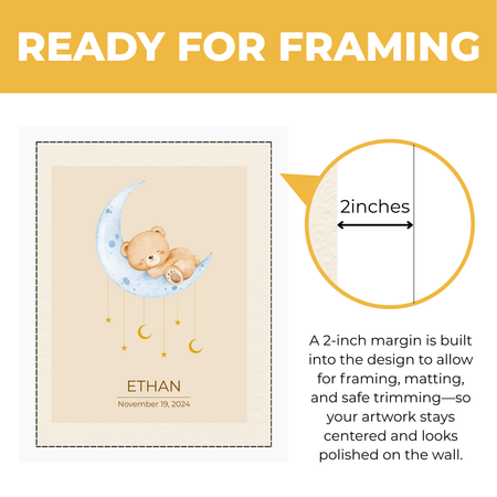 Personalized baby moon teddy bear print showing approximately 2-inch built-in margin for framing and matting