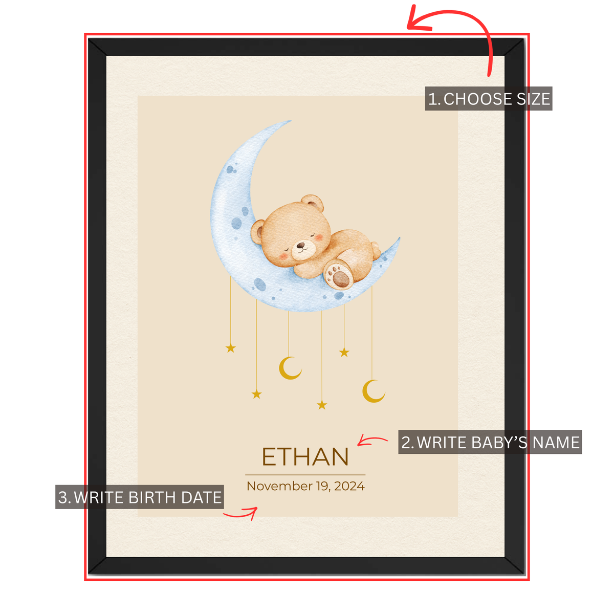 Personalized baby moon teddy bear print guide showing where to choose size and add baby's name and birth date