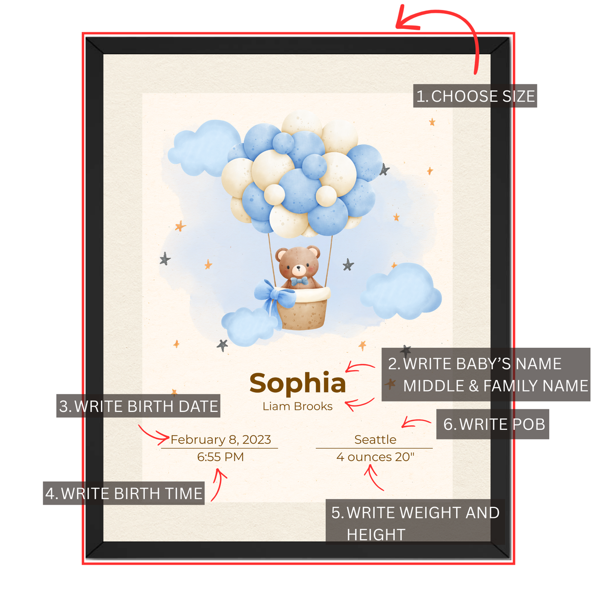 Personalized baby teddy balloon birth stats print guide showing where to add baby's name, birth date, time, weight, height and place of birth