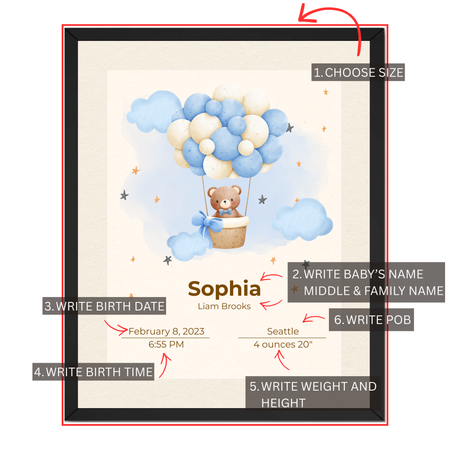 Personalized baby teddy balloon birth stats print guide showing where to add baby's name, birth date, time, weight, height and place of birth