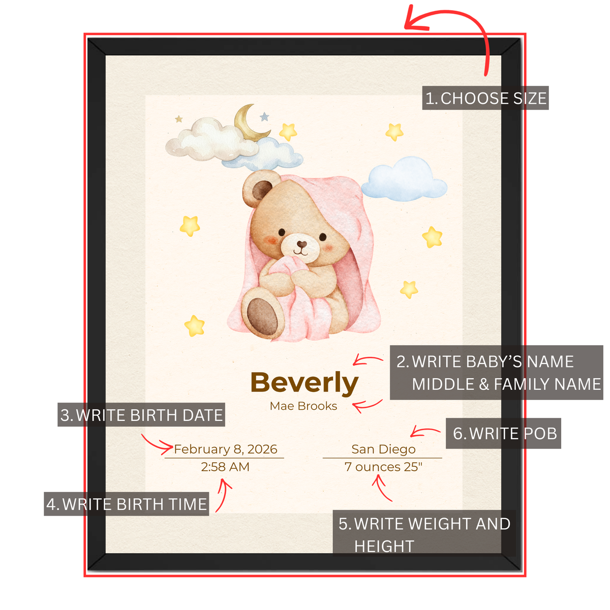 Personalized baby teddy bear birth stats print guide showing where to add baby's name, birth date, time, place, weight and height