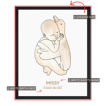 Baby teddy bear print personalization guide showing size selection, custom baby name and birth date