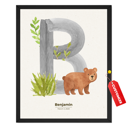 Personalized bear nursery initial print with large letter B, baby name Benjamin, birth date, woodland greenery and watercolor bear