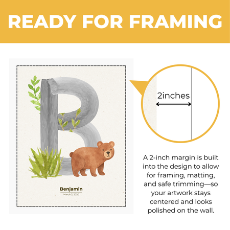 Personalized bear nursery print showing approximately 2-inch built-in margin for framing, matting and safe trimming