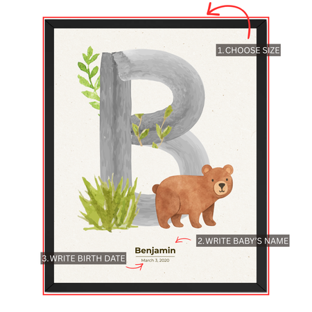 Personalization guide for bear nursery initial print showing size selection, baby's name and birth date placement