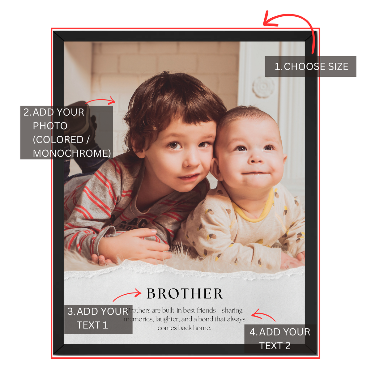 Personalized brothers photo print guide showing where to choose size, upload a colored or monochrome photo, add title and custom message