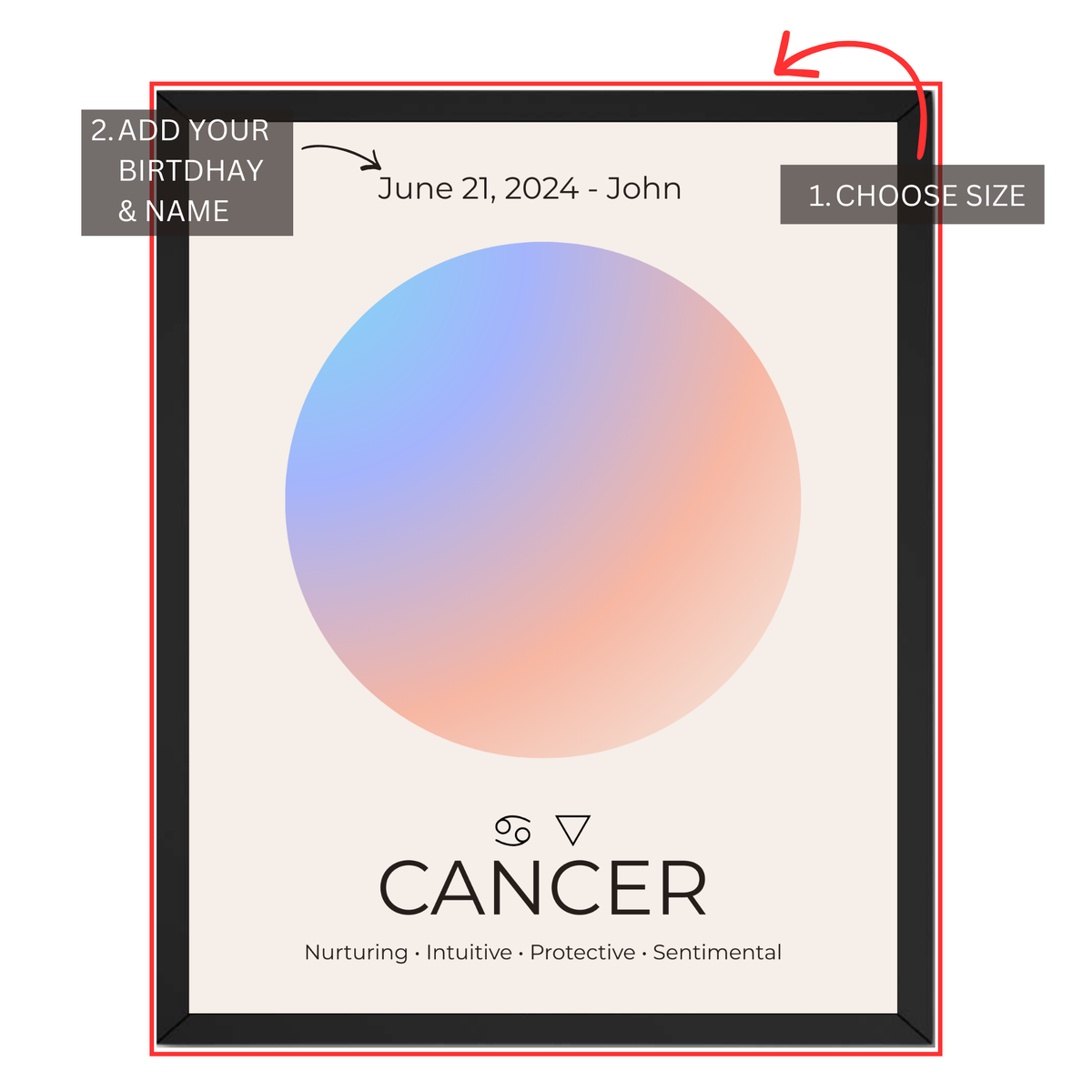 Cancer zodiac print personalization guide showing custom name, birth date and size selection
