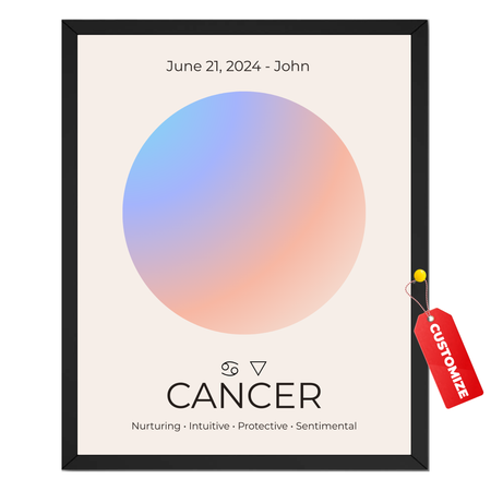 Personalized Cancer zodiac print with custom name, birth date, soft blue and peach gradient circle and Cancer zodiac symbols