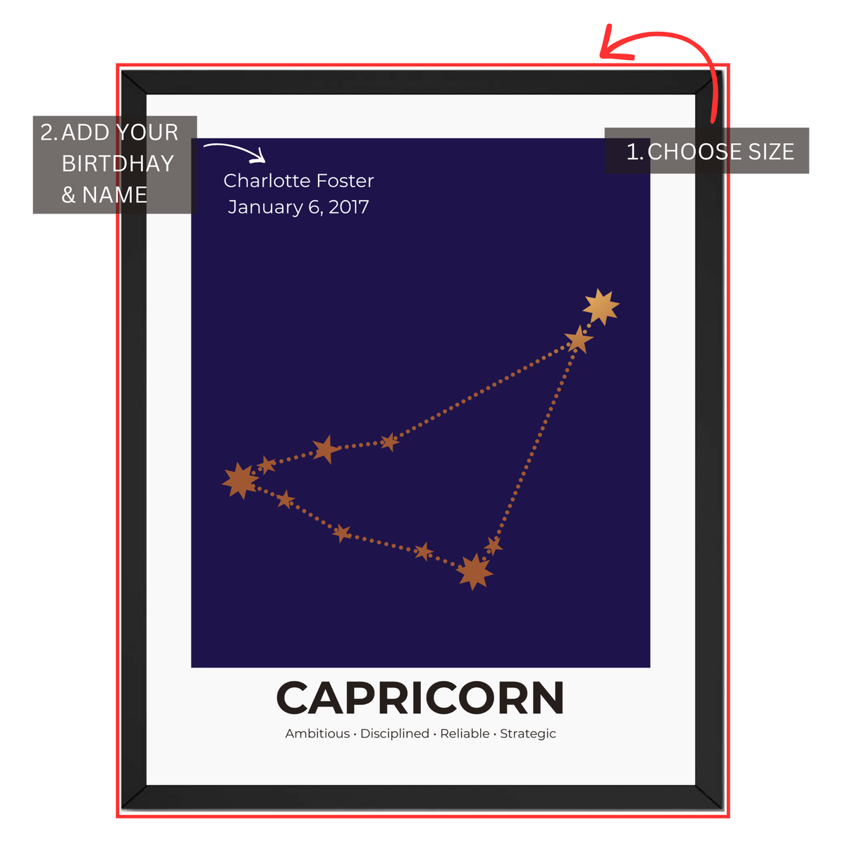 Capricorn constellation print personalization guide showing custom name and birth date