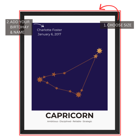 Capricorn constellation print personalization guide showing custom name and birth date
