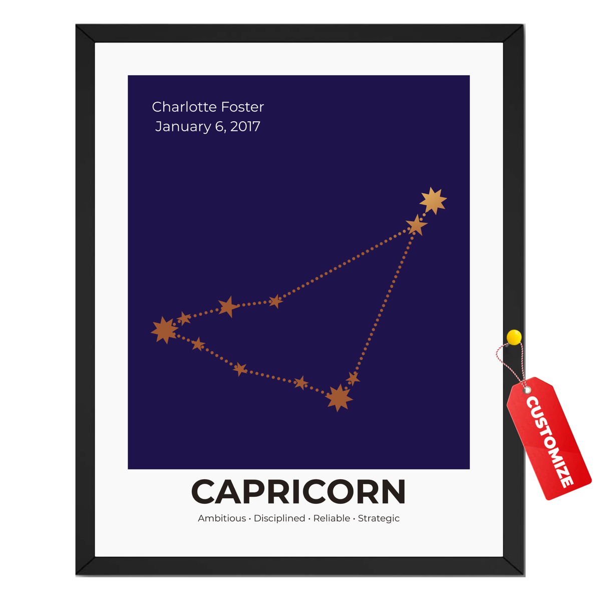Personalized Capricorn constellation print with custom name, birth date and celestial zodiac artwork