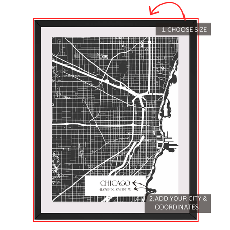 Personalized city map customization guide showing size city name and coordinates