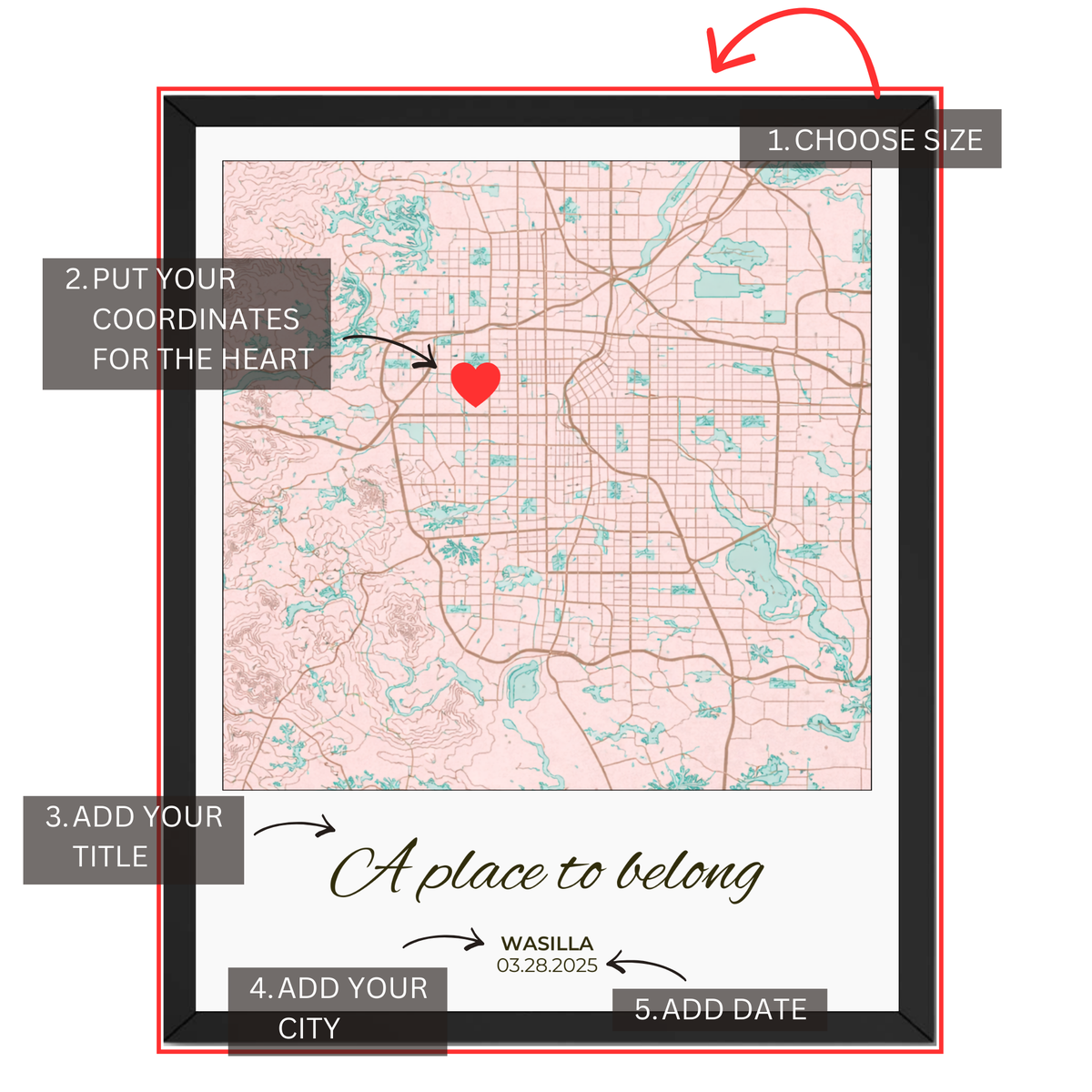 Personalized coordinates map customization guide for size coordinates title city and date