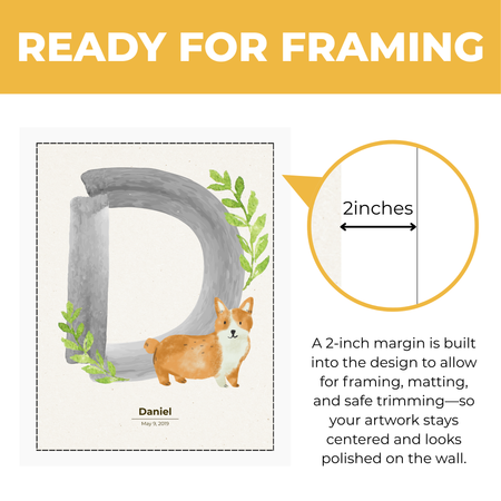 Personalized corgi nursery print showing approximately 2 inch built-in margin for framing matting and safe trimming