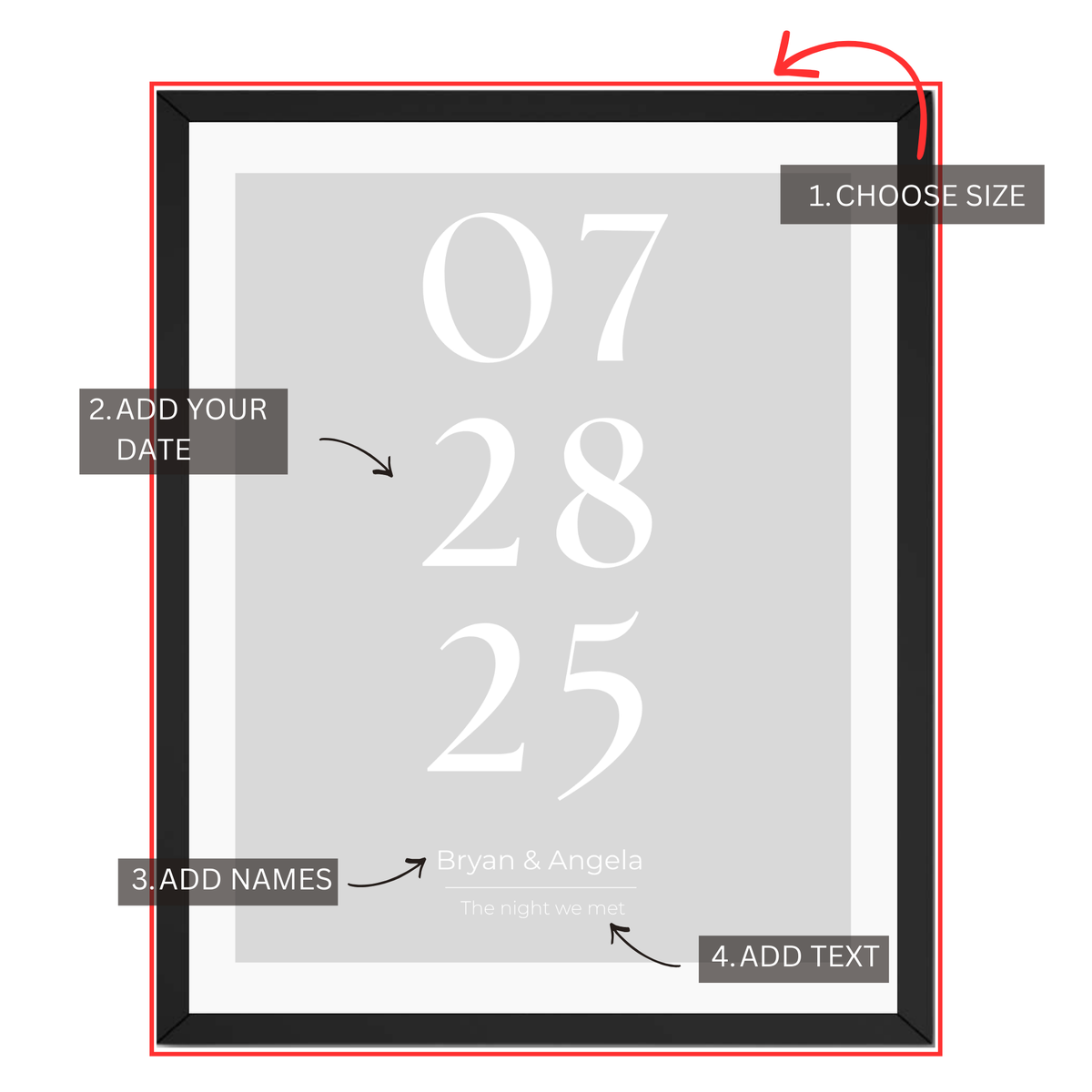 Personalized date print customization guide showing size date names and custom text options