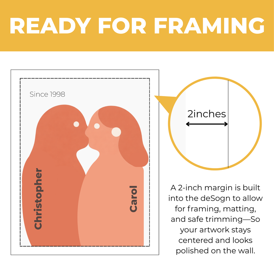 Personalized couple love print showing approximately 2 inch built-in margin for framing matting and safe trimming