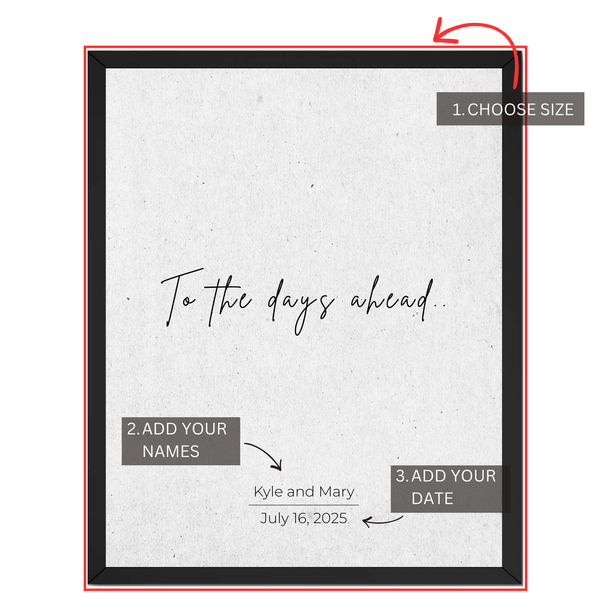 Personalized couple quote print guide showing where to choose size and add couple names and special date