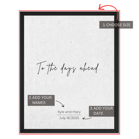 Personalized couple quote print guide showing where to choose size and add couple names and special date