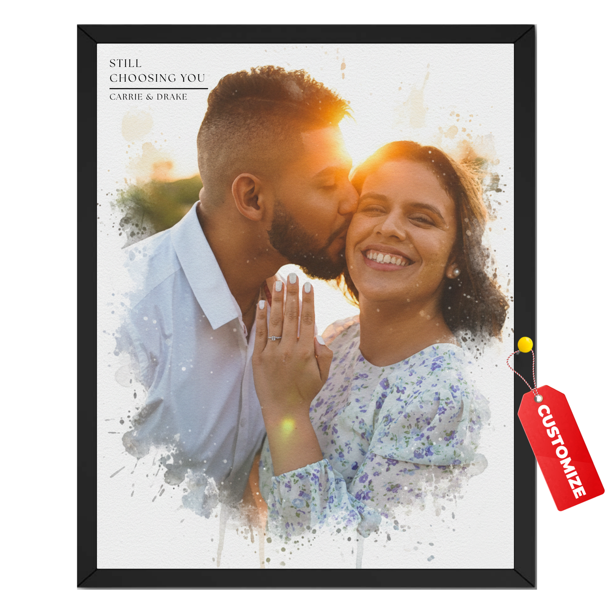 Personalized couple watercolor print created from a custom romantic photo with names and meaningful text