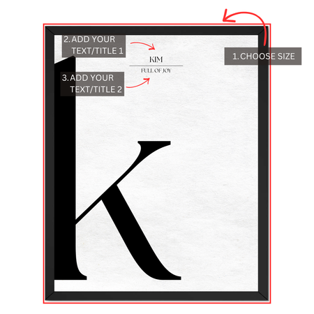 Personalized custom letter print guide showing where to choose size and add custom text or title lines