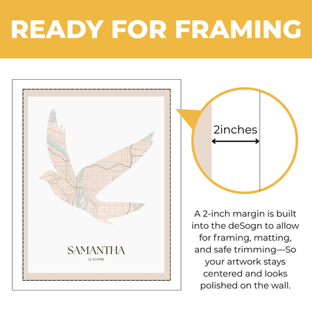 Personalized dove map print showing two-inch built-in margin for framing and matting