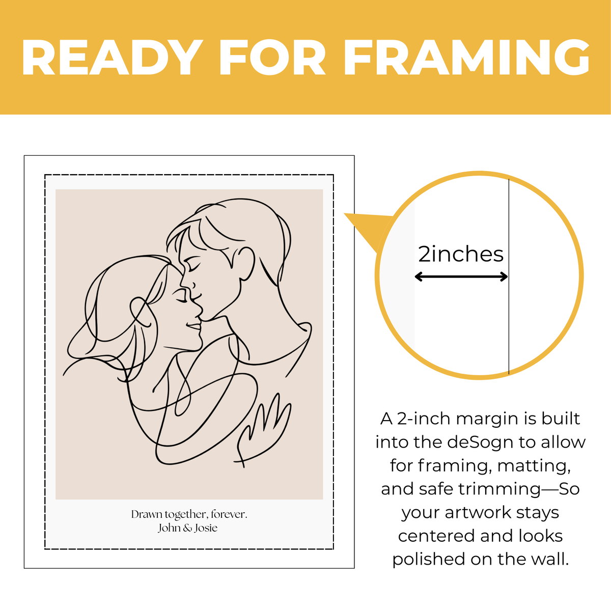 Personalized Drawn Together Forever couple print showing approximately 2-inch built-in margin for framing and matting