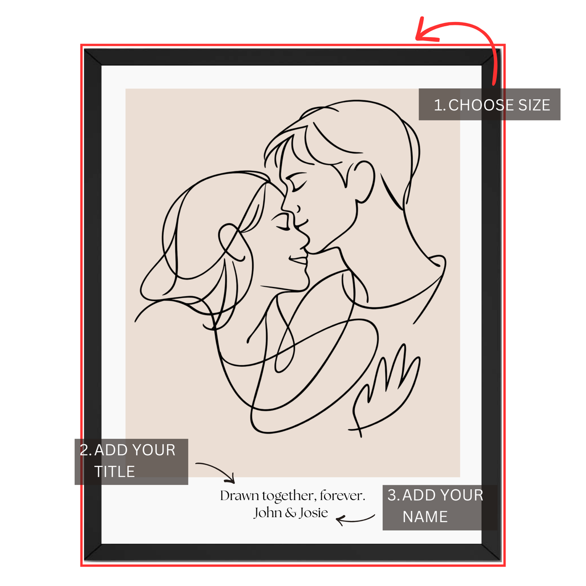 Drawn Together Forever couple print personalization guide showing size selection, custom title and couple names