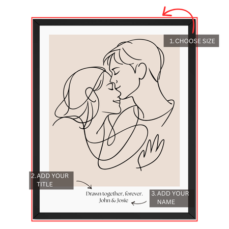 Drawn Together Forever couple print personalization guide showing size selection, custom title and couple names