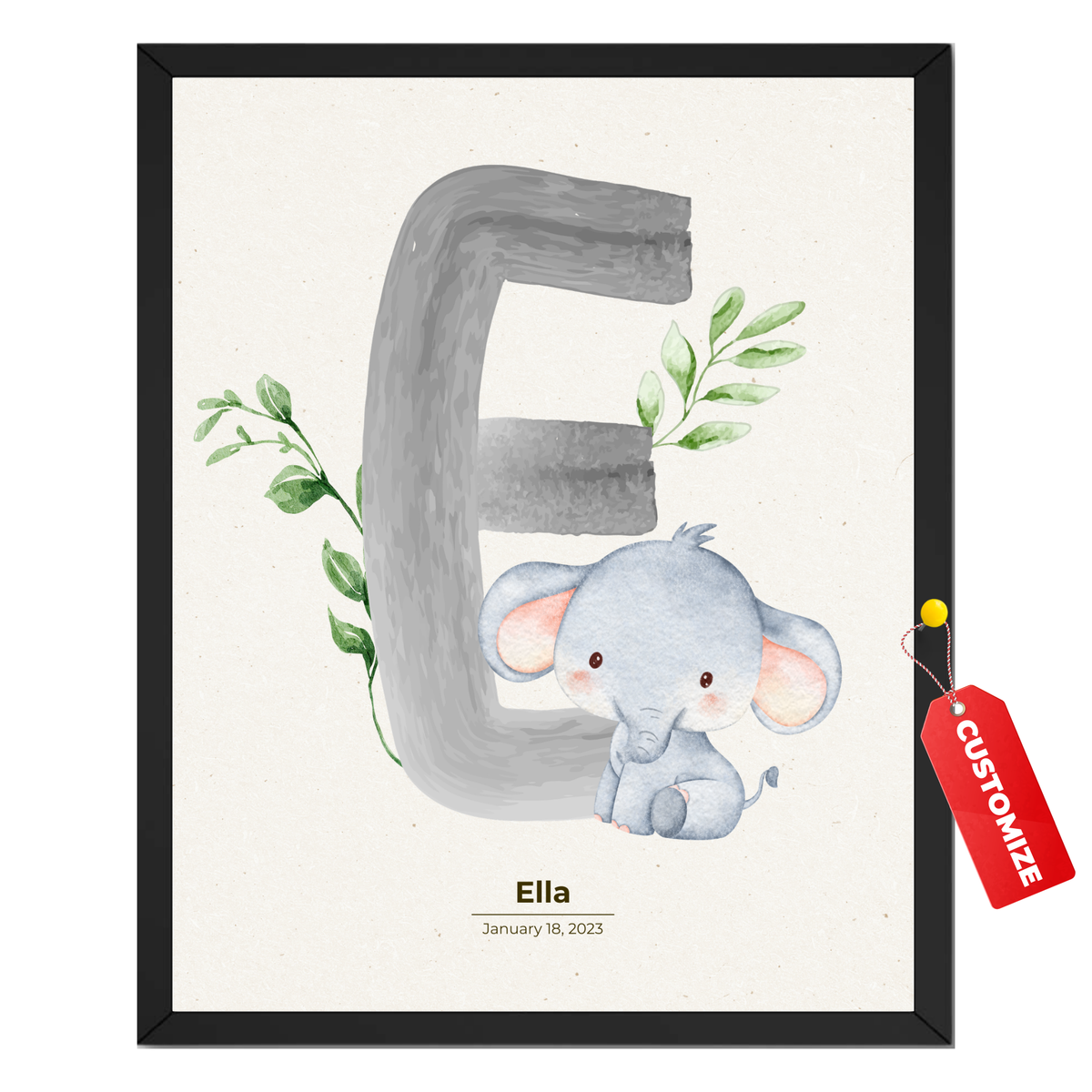 Personalized elephant nursery print with large letter E, watercolor baby elephant, greenery, baby name Ella and birth date