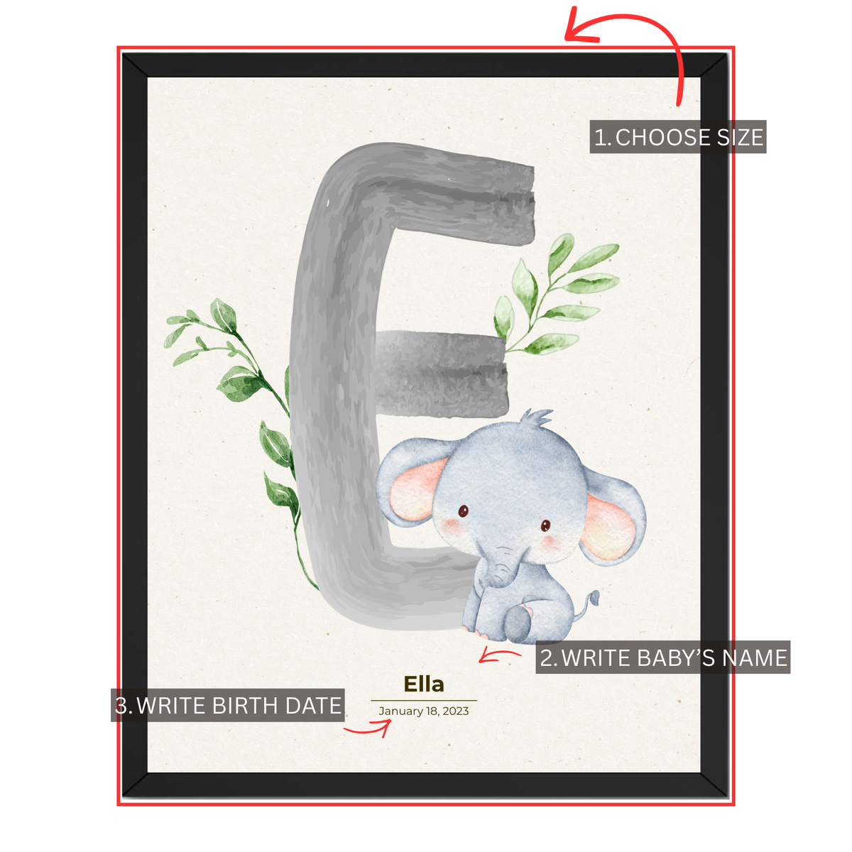Personalized elephant nursery print customization guide showing choose size add baby's name and enter birth date