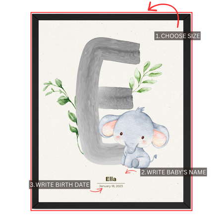 Personalized elephant nursery print customization guide showing choose size add baby's name and enter birth date