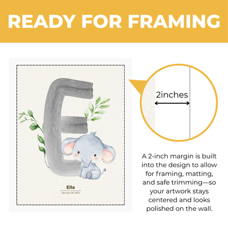 Personalized elephant nursery print showing approximately 2 inch built-in margin for framing matting and safe trimming