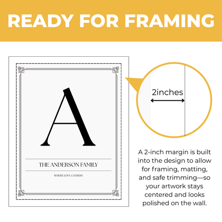 Personalized family initial print showing approximately 2-inch built-in margin for framing and matting