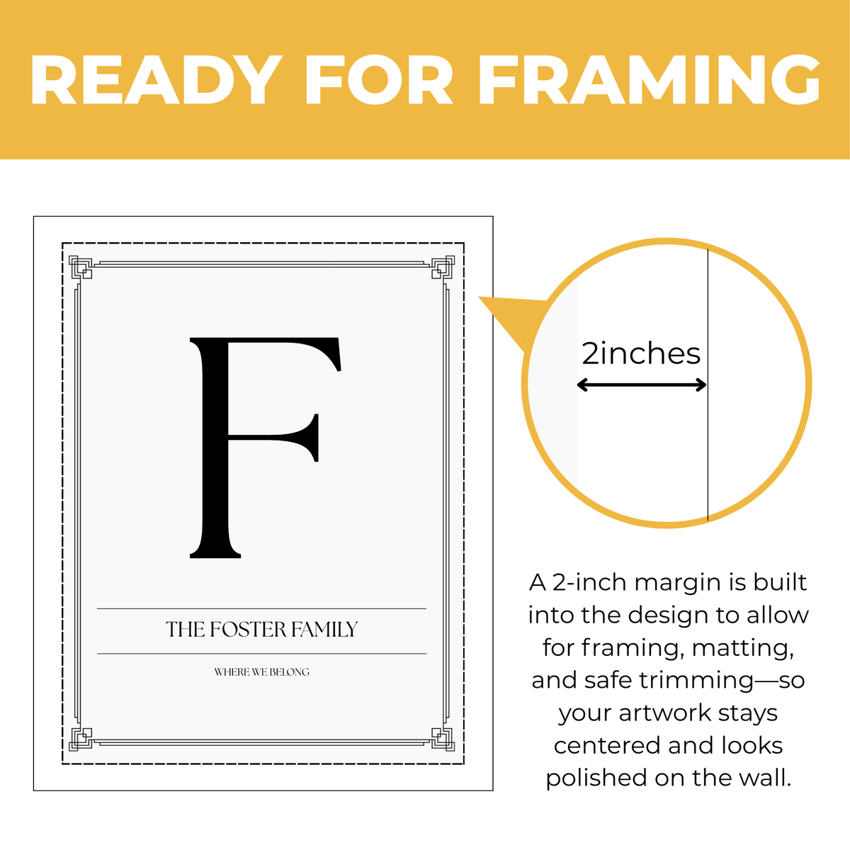 Personalized family initial print showing approximately 2-inch built-in margin for framing, matting and safe trimming