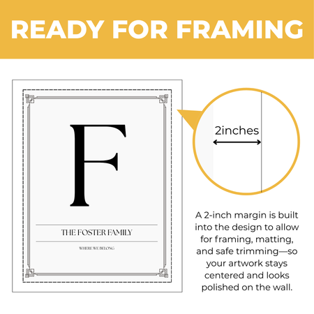 Personalized family initial print showing approximately 2-inch built-in margin for framing, matting and safe trimming